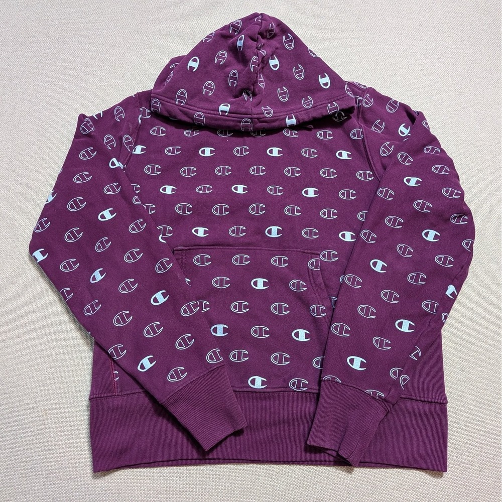 Champion Reverse Weave Hoodie Men's Plum Medium All Over Print Logo